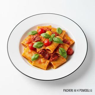 Paccheri (al dente) di Mario ai 4 pomodori con basilico - mezza porzione