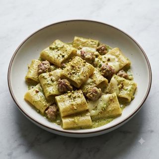 Paccheri con crema di pistacchio, salsiccia e provola
