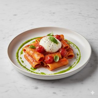 Paccheri con pomodorini confit, stracciatella e crema al basilico