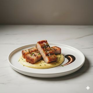 Pancetta di maialino nero di minervino cbt su vellutata di patate
