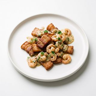 Pancetta saltata con salsa di gamberetti
