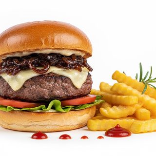 Panino hamburger di scottona 180 g cipolle caramellate scarmorza affumicata, pomodoro , lattuga e patate fritte