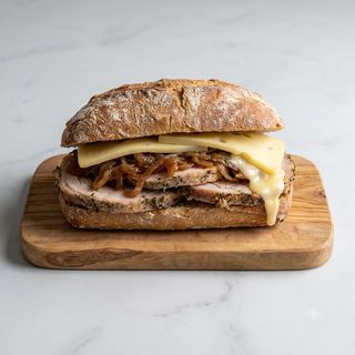 Panino porchetta, cipolla caramellata ed emmental