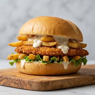 Panino cotoletta, patatine fritte, insalata e salsa