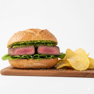 Panino di’ Leo con filetto di chianina, lattuga, salsa verde e chips fritte