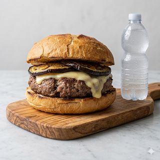 Panino hamburger, provola e melanzane + acqua