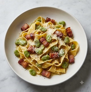 Pappardelle con fave e pancetta