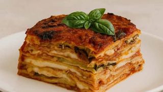 Parmigiana di melanzane con stracciatella e crema di basilico