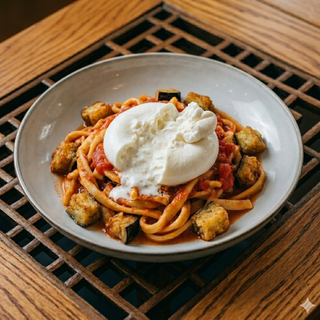 Pasta con burrata e melanzane