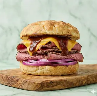 Panino pastrami, cipolla rossa, salsa bbq, cheddar