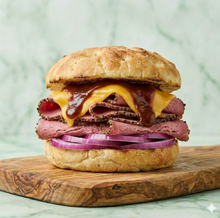 Panino pastrami, cipolla rossa, salsa bbq, cheddar