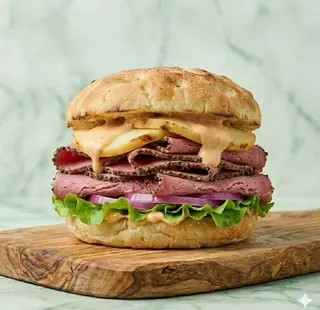 Panino pastrami, provola affumicata, salsa burger, lattuga