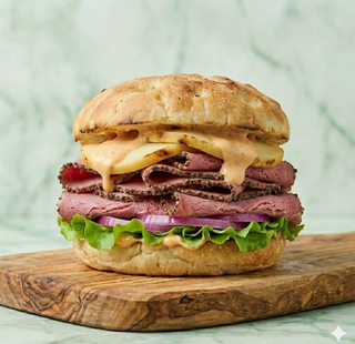 Panino pastrami, provola affumicata, salsa burger, lattuga