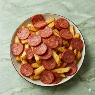 Patatine fritte, wurstel e pancetta