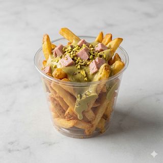 Patatine, mortadella, crema di pistacchio