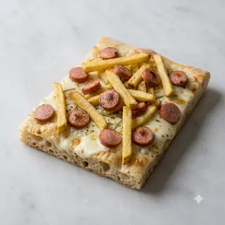 Pizza con paratine, wurstel suino e mozzarella
