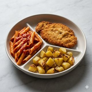 Pennette al pomodoro + cotoletta + patate