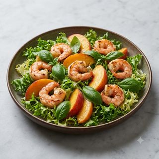 Pesca, mazzancolla, basilico e insalata riccia