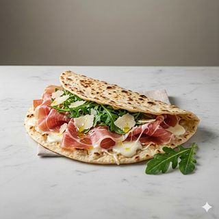 Piadina con prosciutto crudo, rucola, Grana Padano e mozzarella 