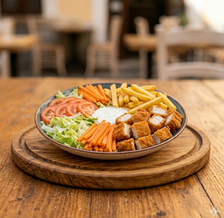 Piatto cotoletta con patate e insalata