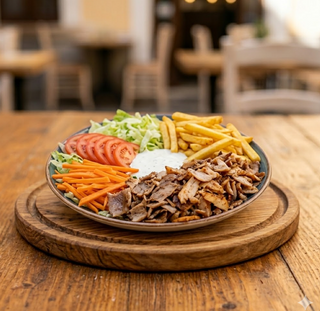 Piatto kebab con patate e insalata 