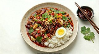 Piatto unico con riso, verdure e carne piccante