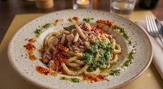 Pici al lampredotto di mare, con salsa verde e salsa piccante