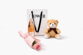 Poklon - Buket ROZE RUŽA, vino Rose 100 žena & plišani meda