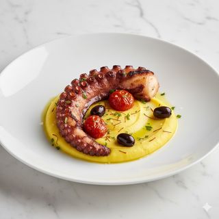 Polipo scottato con pomodorini confit, olive taggiasche e crema di patate allo zafferano