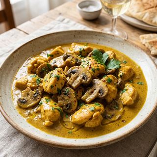 Pollo con funghi e crema al curry