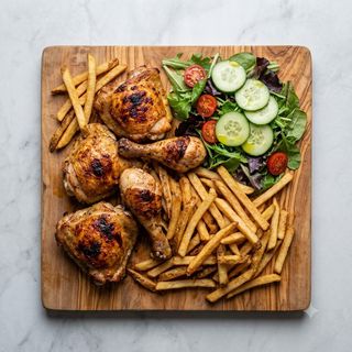 Pollo con patatine e insalata