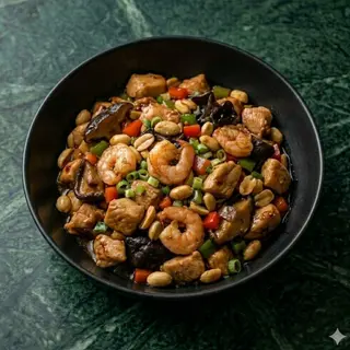 Pollo con gamberi e funghi
