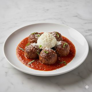 Polpette di manzo in crema di pomodoro con ricotta affumicata