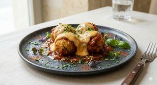 Polpette di pesce con sugo e fonduta di ragusano