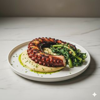 Polpo alla brace con favetta e cicoria