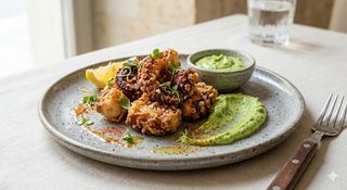 Polpo fritto con maionese al basilico e paprika dolce