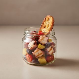 Polpo in burnia con crostone, patate, taggiasche e pomodorini