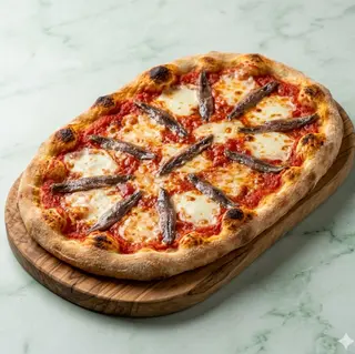 Pinsa pomodoro, mozzarella di bufala, acciughe di Sicilia