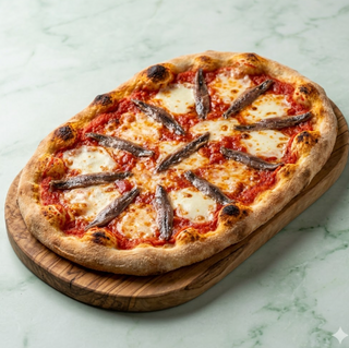 Pinsa pomodoro, mozzarella di bufala, acciughe di Sicilia