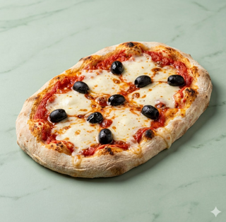 Pinsa pomodoro, mozzarella, olive nere