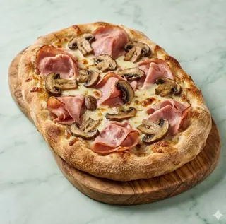 Pinsa prosciutto cotto, funghi porcini e provola affumicata