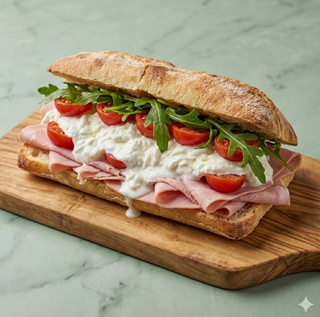 Panino prosciutto cotto, stracciatella, pomodori pachino, rucola
