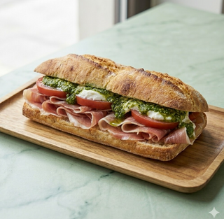 Panino prosciutto crudo, pesto genovese, pomodori, fior di latte