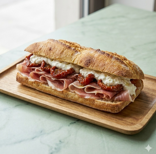 Panino prosciutto crudo, pomodori pachino, mozzarella di bufala