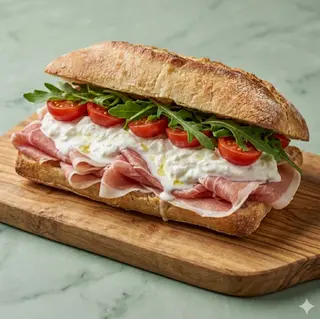 Panino prosciutto crudo, stracciatella, pomodori pachino, rucola