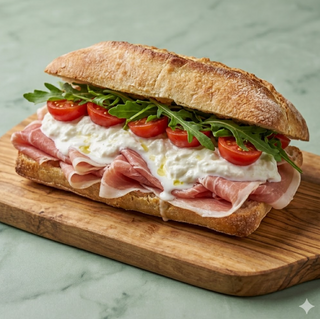 Panino prosciutto crudo, stracciatella, pomodori pachino, rucola