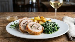 Rolata di coniglio servito con patate e spinaci al burro