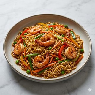 Ramen saltato con gamberi e verdure