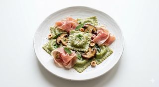 Ravioli all'ortica, porcini e crudo