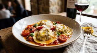Raviolo con ripieno di melanzane e scamorza, con pomodoro datterino
